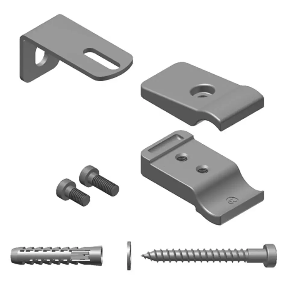 Produktbild Kermi Abstandshalter-Set 5, RAL9016, ZB03260001 mit Halterungen, Schrauben und Dübeln.